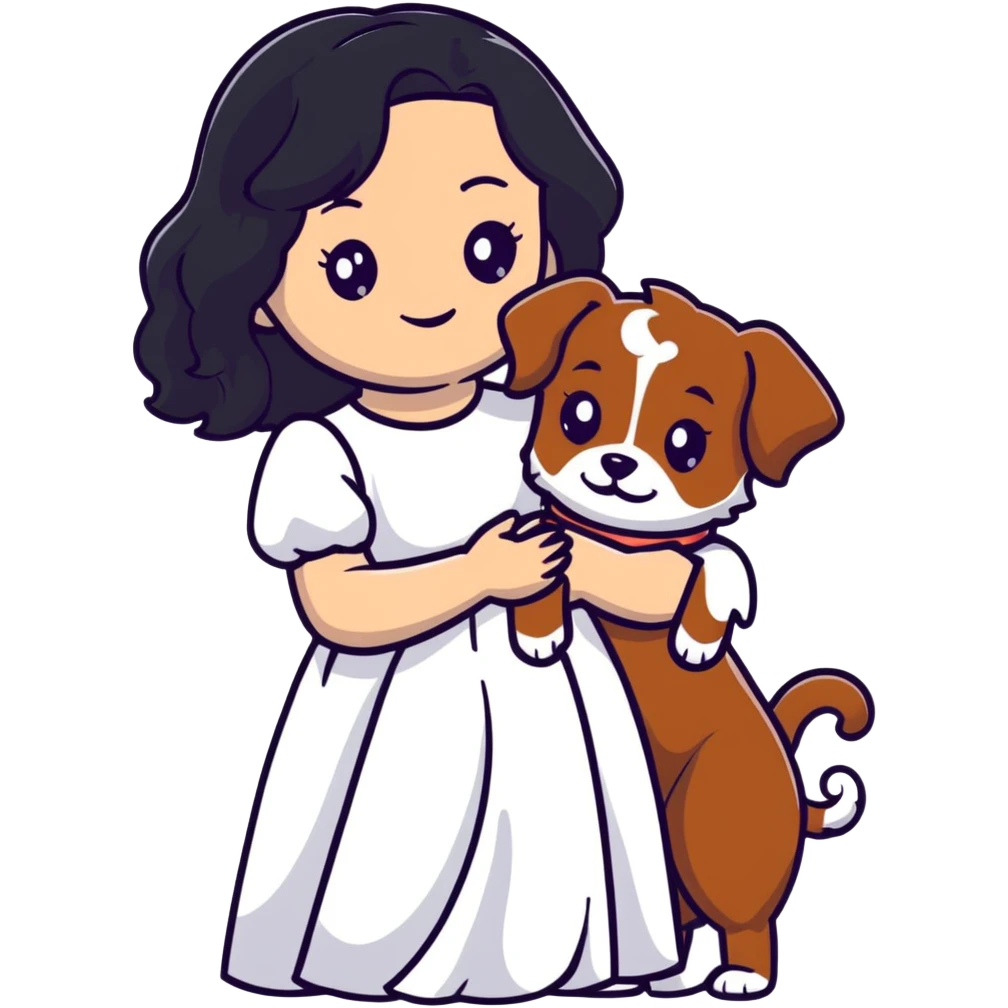 A beautiful girl with long black hair in a white dress holds a small brown curly-haired dog emoji