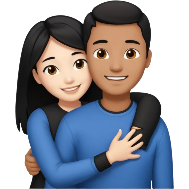 Asian guy with brown skin, short black hair, and a Asian girl with white skin and long black hair hugging  emoji