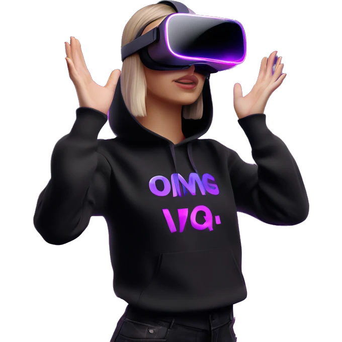 Russian girl wearing black hoody with violet letters "OMG", in vr headset oculus quest2. Dancing. Cyberpunk style. Violet neon. emoji