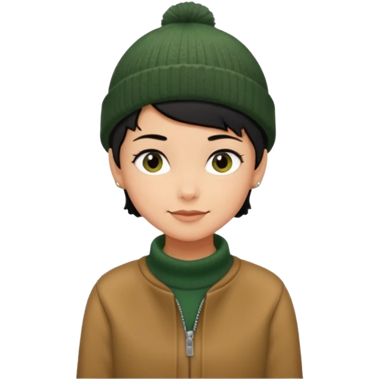 tan skin, non binary adult with pixie cut black hair, wearing brown jacket and dark green beanie, shy smile  emoji