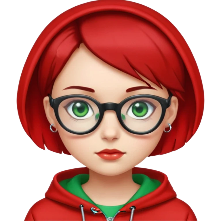 Girl with red black short neck length hair wearing red hoodie with transparent glasses green eyes big earrings   emoji