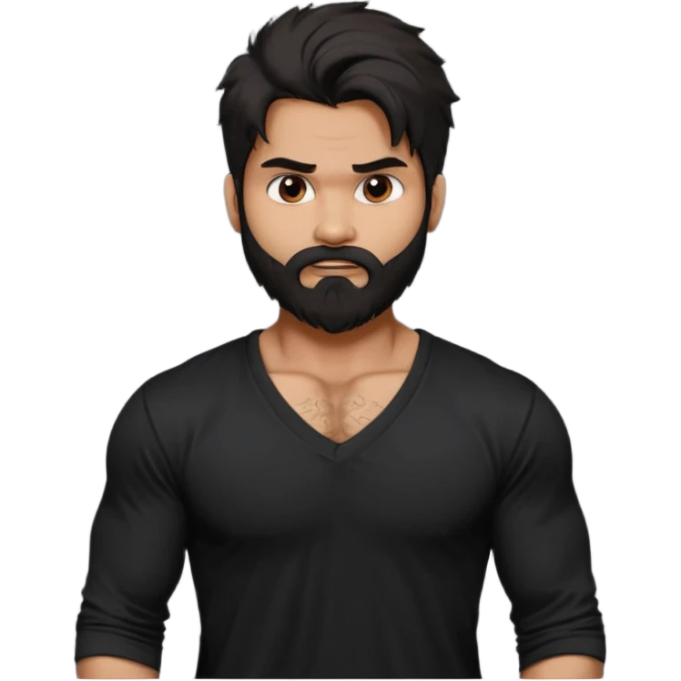 generate a pretty bratz Shahid kapoor with heavy beard and looking angry.
Make him wear a black full sleeve v neck tshirt. muscular but still lean
He shoudl look like shahid kapoor. Long messy black hair emoji