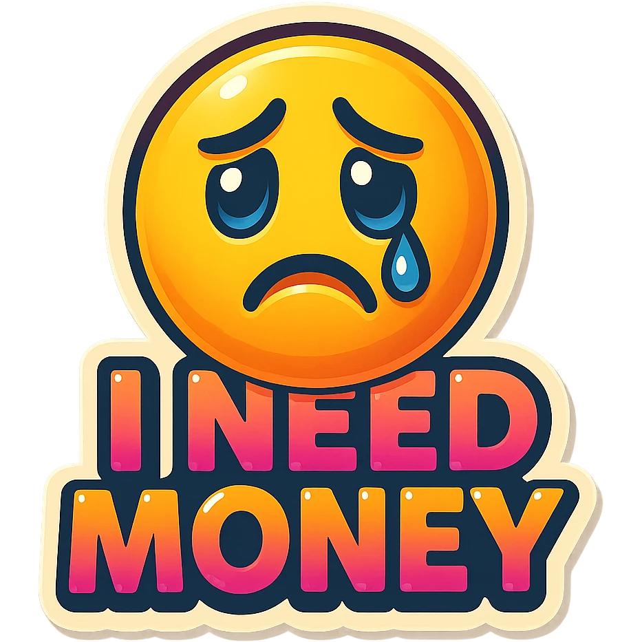 sticker of a sad emoji with the words 'I need money', clear and expressive, suitable for messaging emoji
