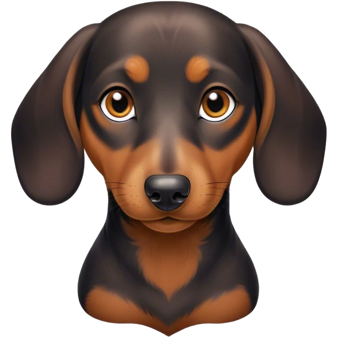 Cinematic Noble blablack and tanck and tan Dachshund Portrait Emoji, Poised and regal, with a long, low-slung build and a smooth, well-groomed black and tan coat, deep-set soulful brown eyes, Simplified yet sharp and sophisticated features, highly detailed, glowing with a soft, dignified glow, high shine, intelligent and determined, stylized with an air of charm, focused and attentive, soft glowing outline, capturing the essence of a watchful and confident companion, so majestic it feels as though it could slide out of the screen with effortless authority! emoji