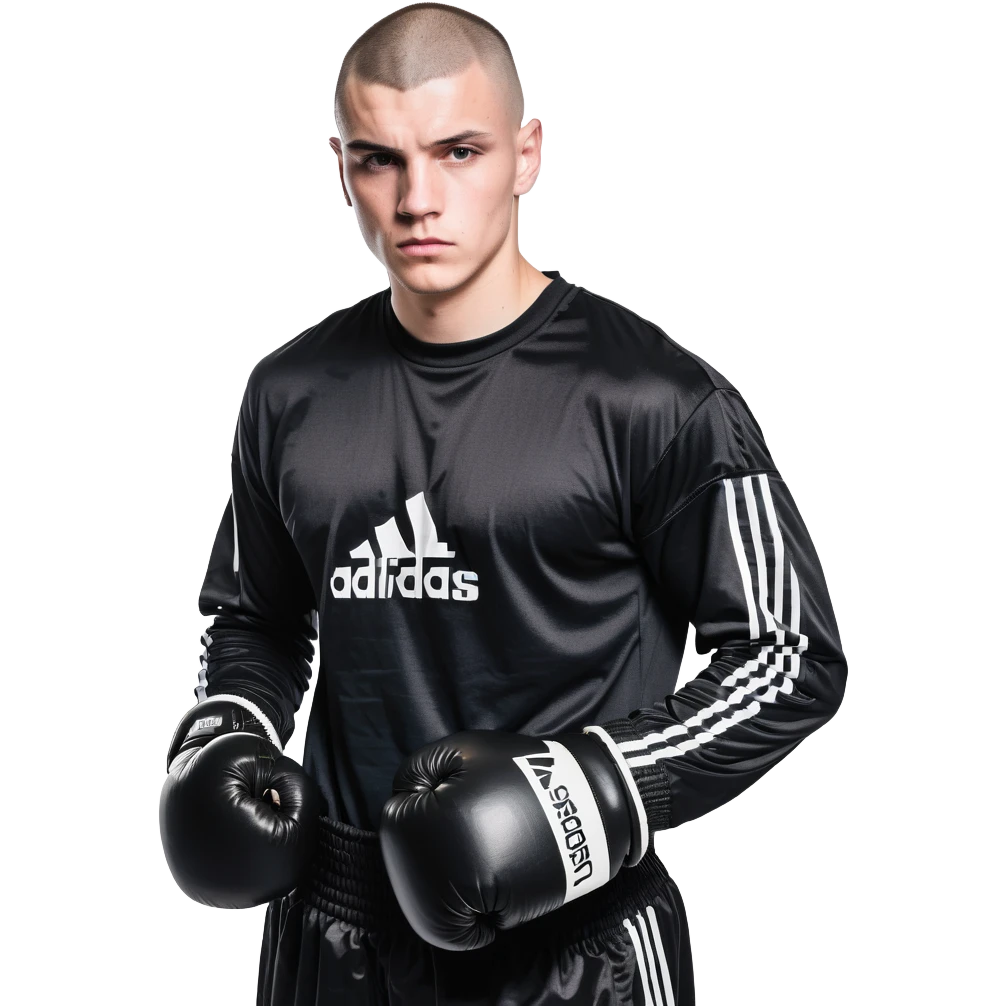 white man with dark hair, dark eyes, buzzcut faded haircut, 100kg boxer, wearing full black clothes, black adidas boxing gloves emoji