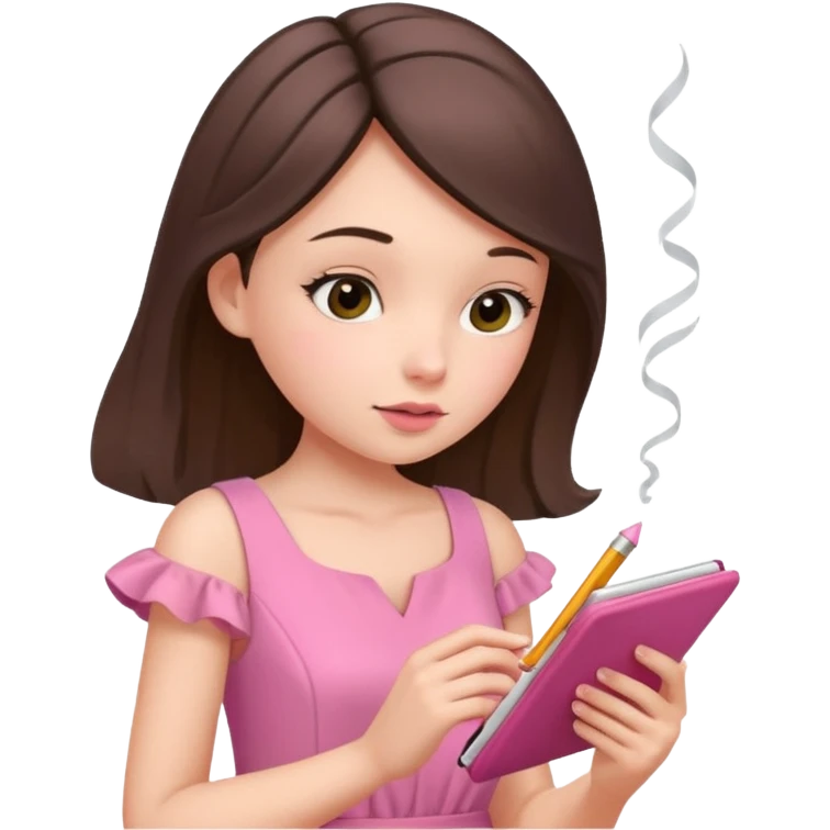 girl taking notes in pink thones and smell a fragance emoji