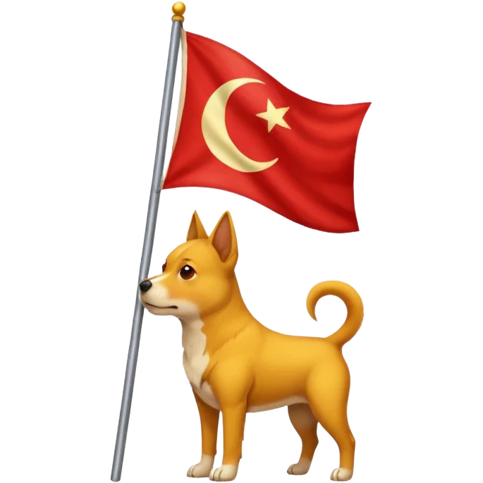 A triangular yellow flag and middle of that flag a red crescent moon within that a Red dog emoji
