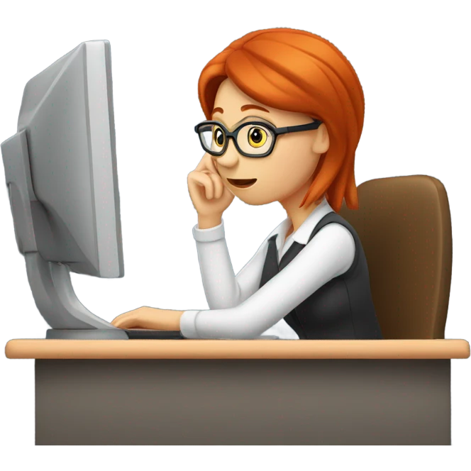 red hair woman nutritionist wearing glasses with hand on chin having an idea monitor desk emoji