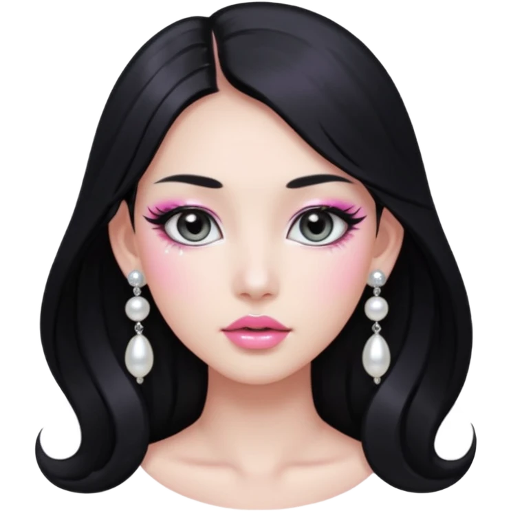 asian long black hair silver grey eyes glossy lips glittery white and pink eyeshadow girl pearl earrings emoji