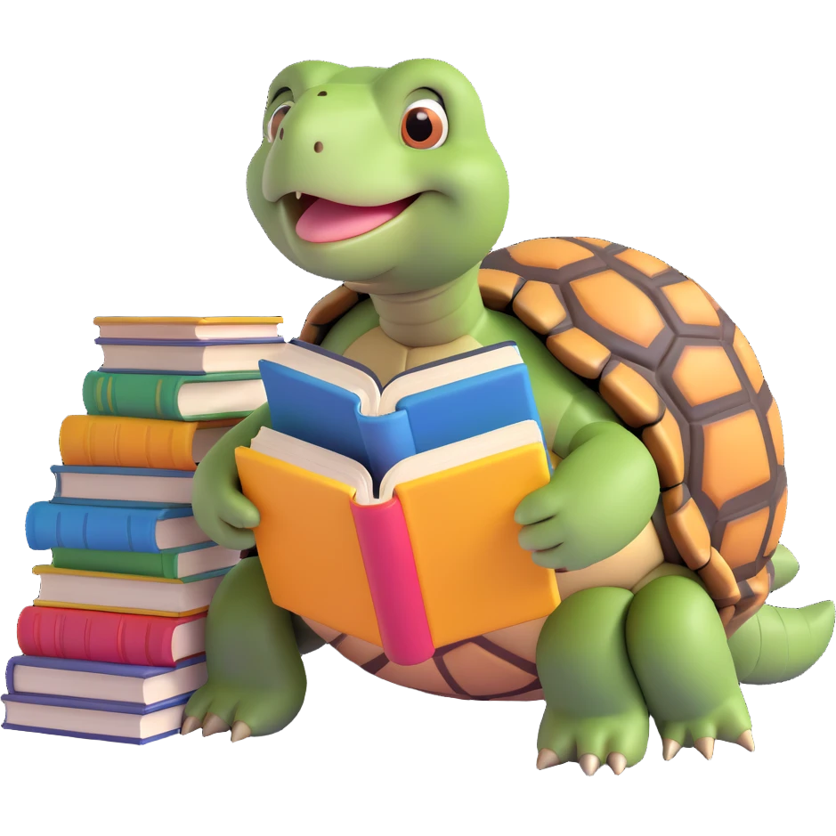 a tortoise with a stack of books beside it, reading one book, appearing wise and gentle emoji