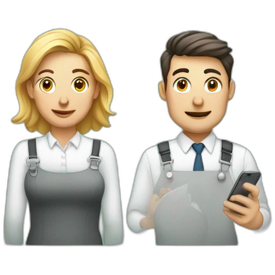 Design emoji: Man and woman in a bank with crossed-out phones, expressing "No Payees Added" for a friendly baking app screen.  emoji