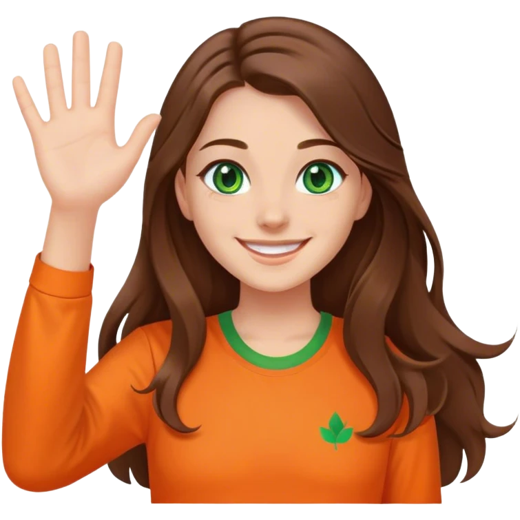 smiling girl with long brown hair, middle hair split, waving, green eyes, orange shirt emoji