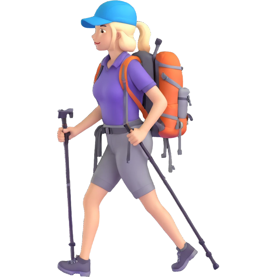 female hiker with backpack and hiking poles emoji