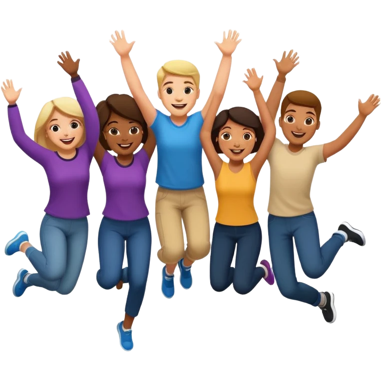 diverse group of adult students, some jumping and smiling, happy, classroom background emoji