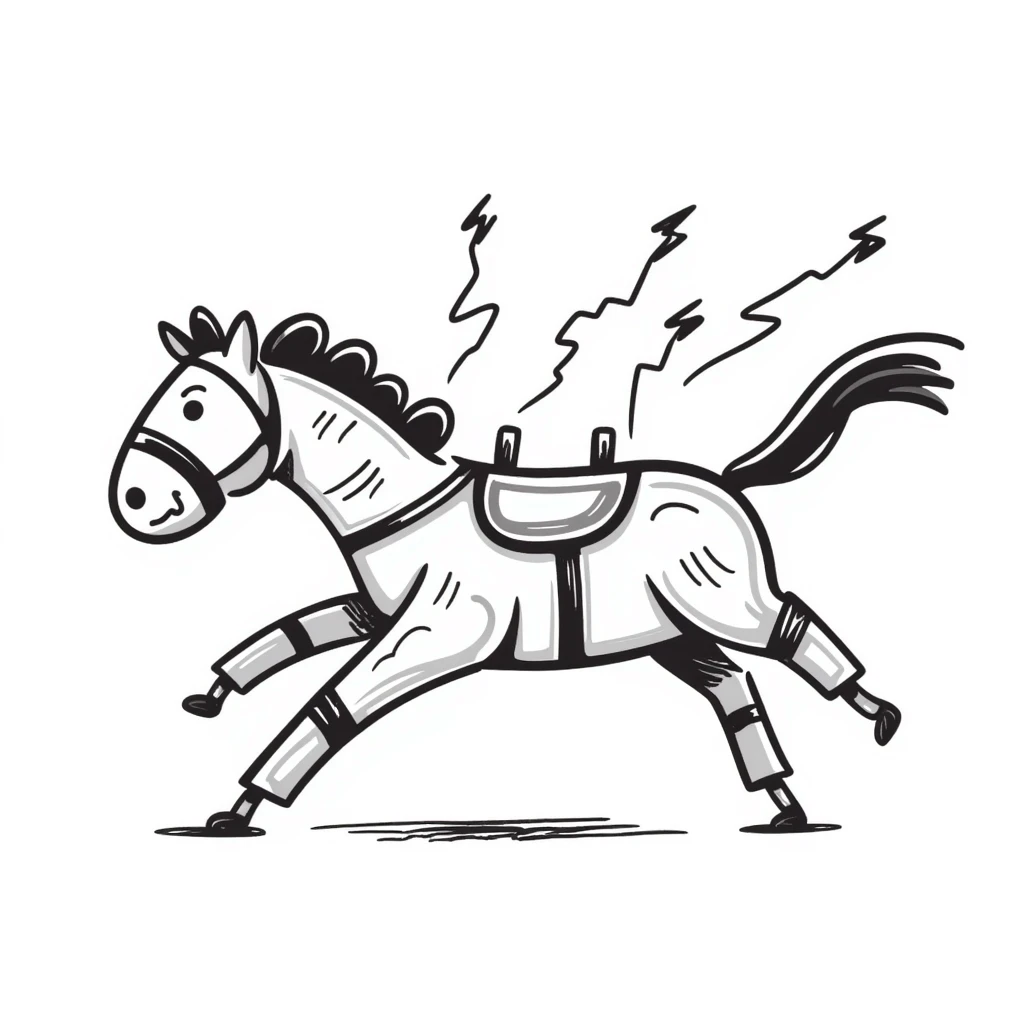 Sketchy electric horse made of metal plates and electrical wires, with lightning bolts shooting off as it gallops at high speed emoji
