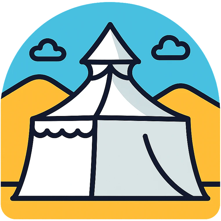 white pilgrim tent in Mina Saudi Arabia, Islamic Hajj theme, flat icon with subtle shading emoji