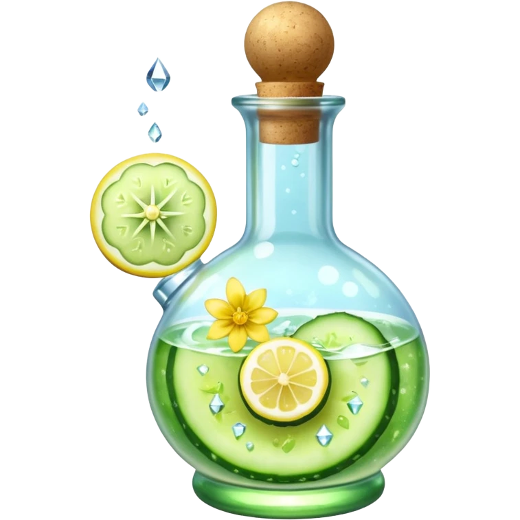 potion bottle with a perfectly round floating bottom, very small cork, very short neck, filled with #00d9ff liquid, inside cucumber slices, lemon slices, ice cubes, edible flower petals, and magical sparkles, soft lighting, transparent glass, clean background, fantasy style emoji