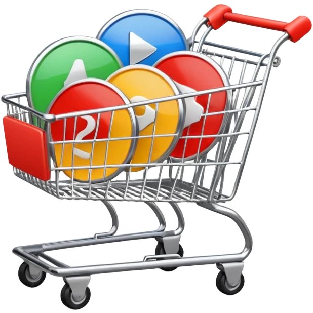 shopping cart with multiple round video play buttons emoji