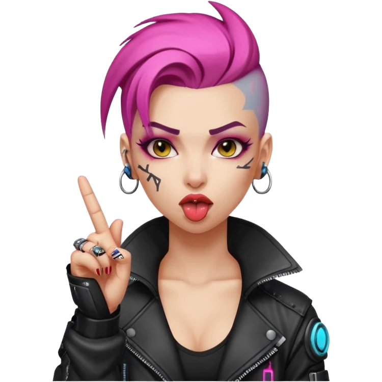 Woman with her tongue out in cyberpunk clothing and giving the middle finger. Looking naughty. emoji