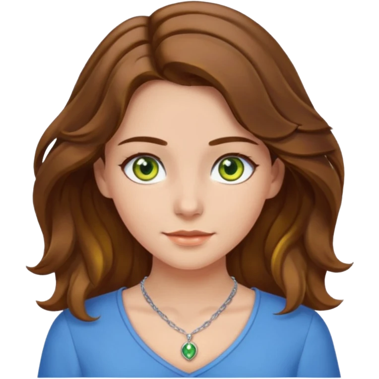 girl with brown, wave, middle hair, green- yellow eyes in white top with blue blouse and selver necklace emoji