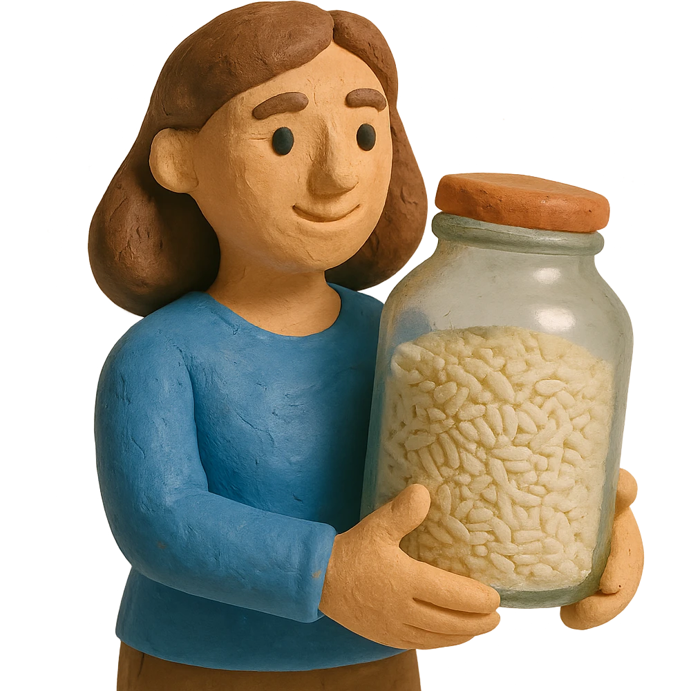 designer woman with brown hair holding a big glass jar of rice in claymation style emoji