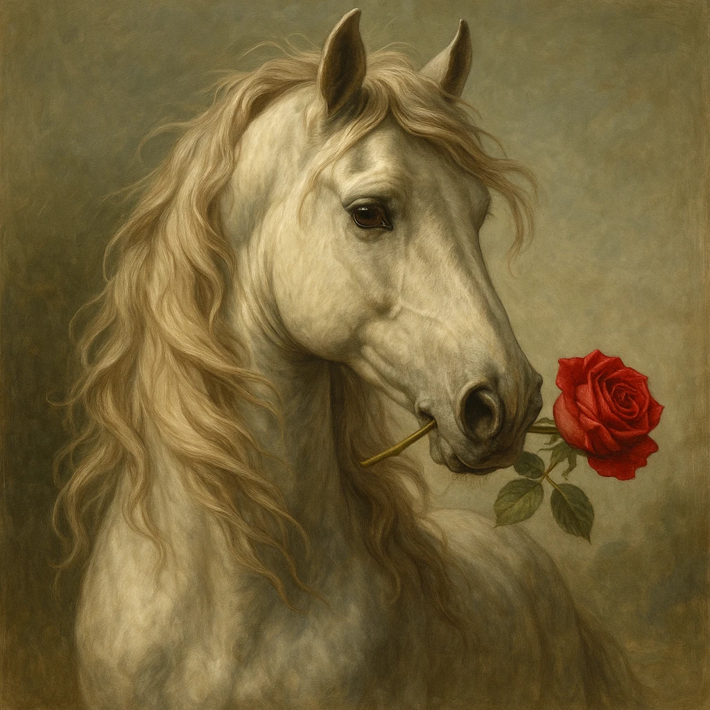 elegant detailed horse holding a rose in its mouth emoji
