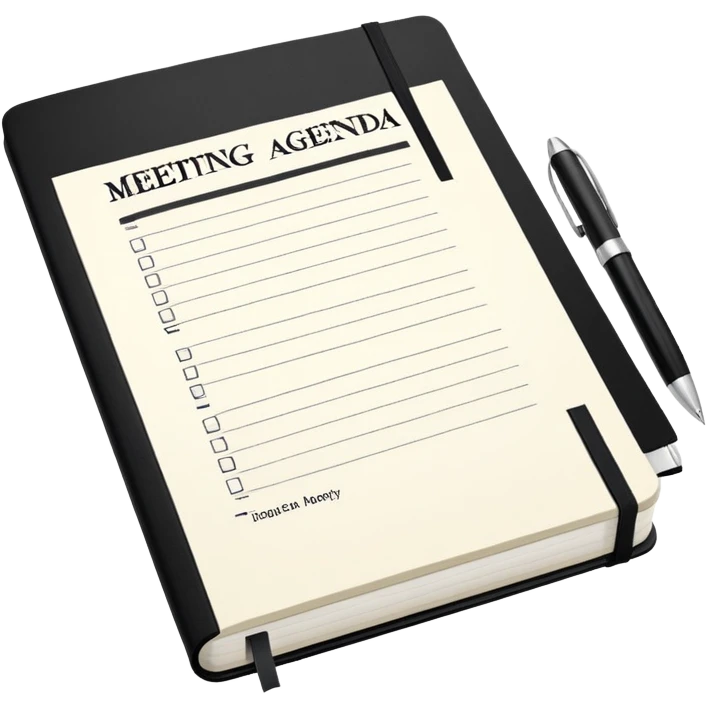 An open black Moleskine notebook with meeting agenda written at the top and clearly visible bullet points below emoji