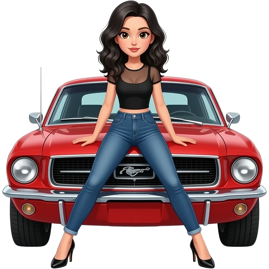 Pale girl with black wavy hair and brown eyes in front of a red ford mustang 1968 coupe. Girl wearing a sheer black sleeveless top, medium neckline, jeans and heels with visible toes. Legs wide spread and hands resting on the hood. emoji