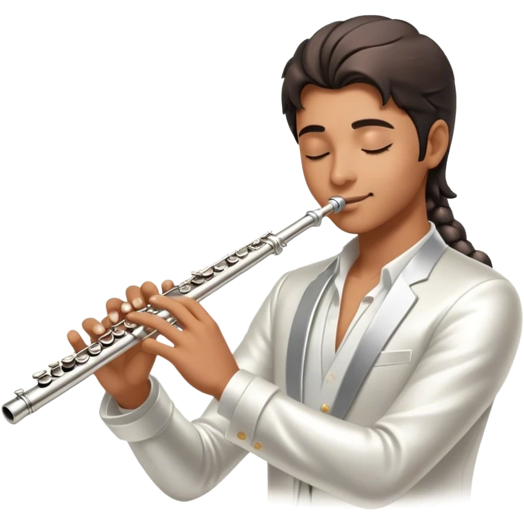 Cinematic Realistic Flute, polished silver metal with precise keywork, soft reflections of warm light dancing along its length, a musician’s delicate fingers pressing the keys, glowing with a sleek and elegant charm. emoji
