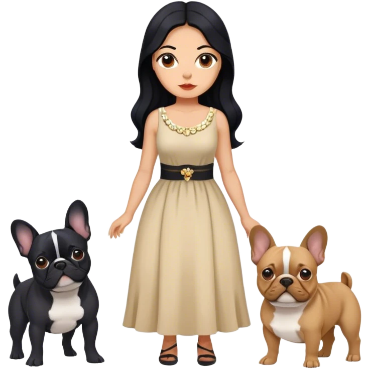latin woman in a dress with long black hair standing alongside two French bulldogs  emoji