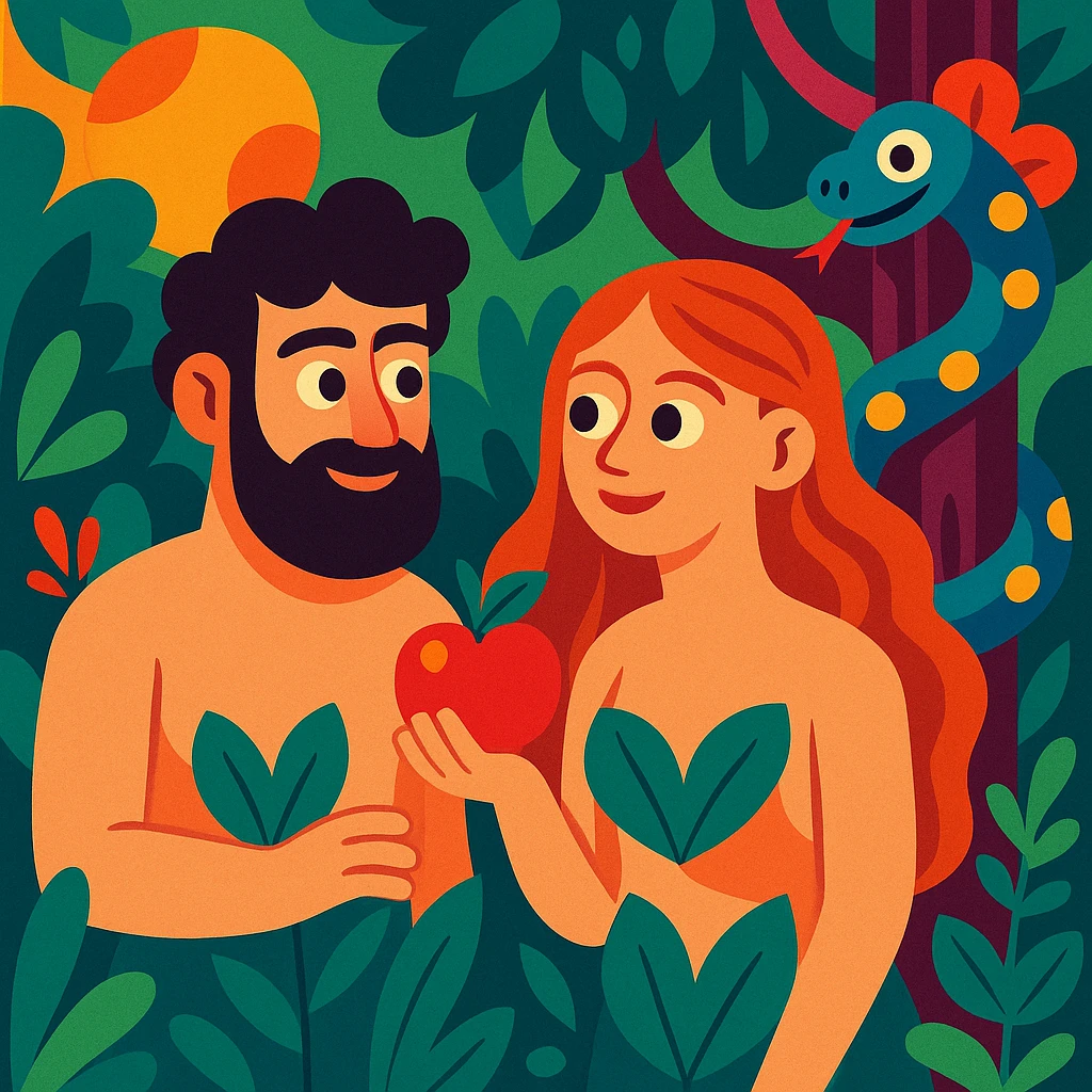 Adam and Eve in the Garden of Eden, with the apple and the snake, vibrant and detailed, square scene emoji