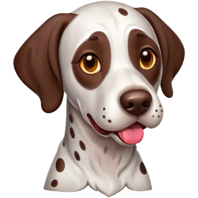 Cinematic Comical German Pointer Portrait Emoji, Head tilted dramatically with an exaggeratedly amused expression, featuring a striking liver and white coat with bold markings, wide, expressive brown eyes filled with playful disbelief, Simplified yet hilariously expressive features, highly detailed, glowing with a slightly sassy glow, high shine, dramatic yet playful, stylized with an air of cheeky charm, bright and endearing, soft glowing outline, capturing the essence of a spirited and over-the-top companion, so meme-worthy it feels like it could side-eye its way into internet fame instantly! emoji