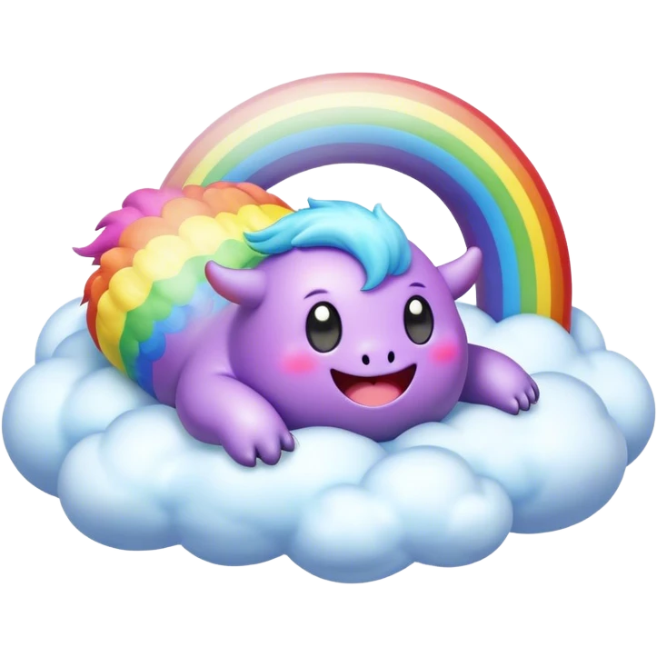 3D, Kawaii derpy fat rainbow monster laying on a magic rainbow cloud, rich textures, visually detailed, so lifelike that it feels like it could leap off the page at any moment emoji
