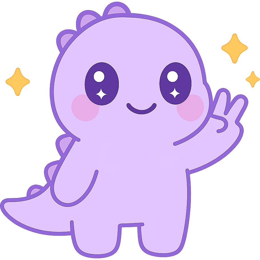 cute little purple dinosaur doing a peace sign with sparkles emoji
