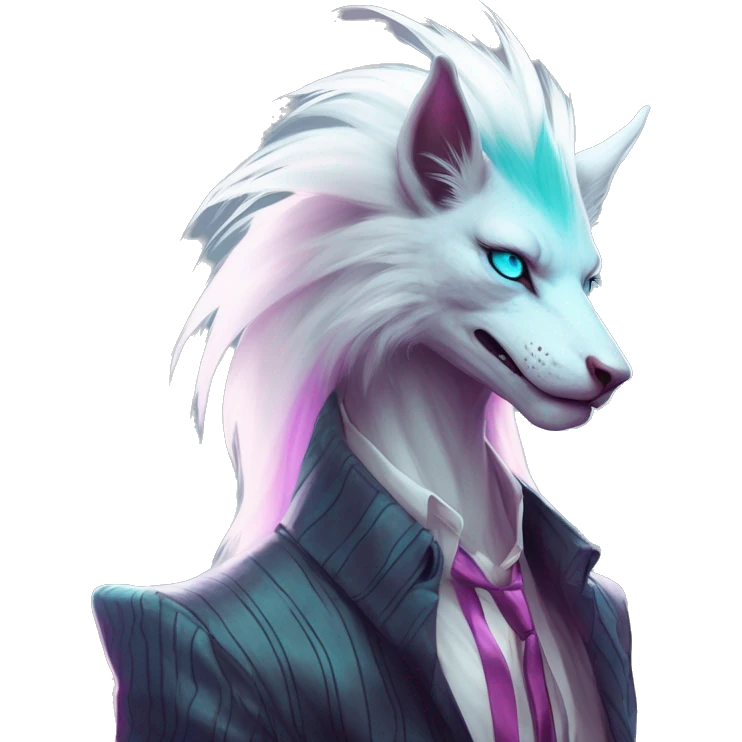 White badass elegant wild beautiful natural cute badass epic anthro modern albino sergal-vernid-creature with cyan mane and magenta eyes with cyan edgy stripes, full body, blue pretty hair, outside, modern, aesthetic, art by LiLaiRa, art by art by Falvie emoji
