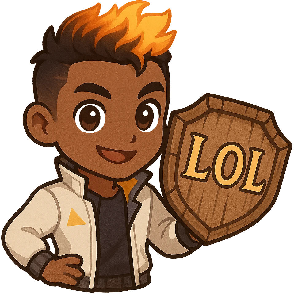 Phoenix from Valorant in chibi style with large eyes and small figure, typical fiery hair color, confident pose, holding a comic-style wooden shield that looks slightly rustic and handmade, with the text 'LOL' on the shield in bold, clear, slightly ornate font, clear lines, friendly and energetic expression, emoji-compatible 128x128 px emoji