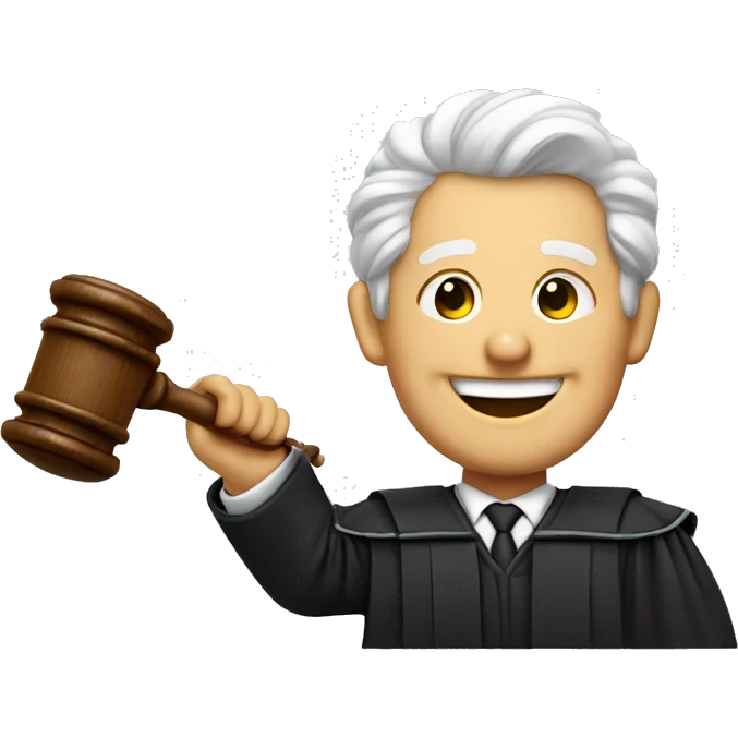 Courtroom judge wearing judge clothing and a gavel in hand, laughing face emoji