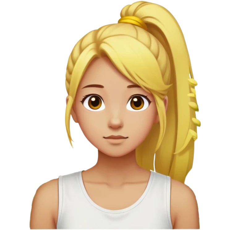 A girl with a high ponytail, a yellow hair tie, and a sleeveless white top, surrounded by blooming forsythias. emoji