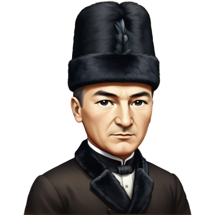 ​Cinematic Realistic Portrait of a Young Mustafa Kemal Atatürk, depicted wearing an iconic tall black fur hat along with traditional attire, his confident, visionary expression illuminated by warm, inspiring lighting, rendered with rich historical textures that capture his youthful dynamism and transformative leadership, emoji