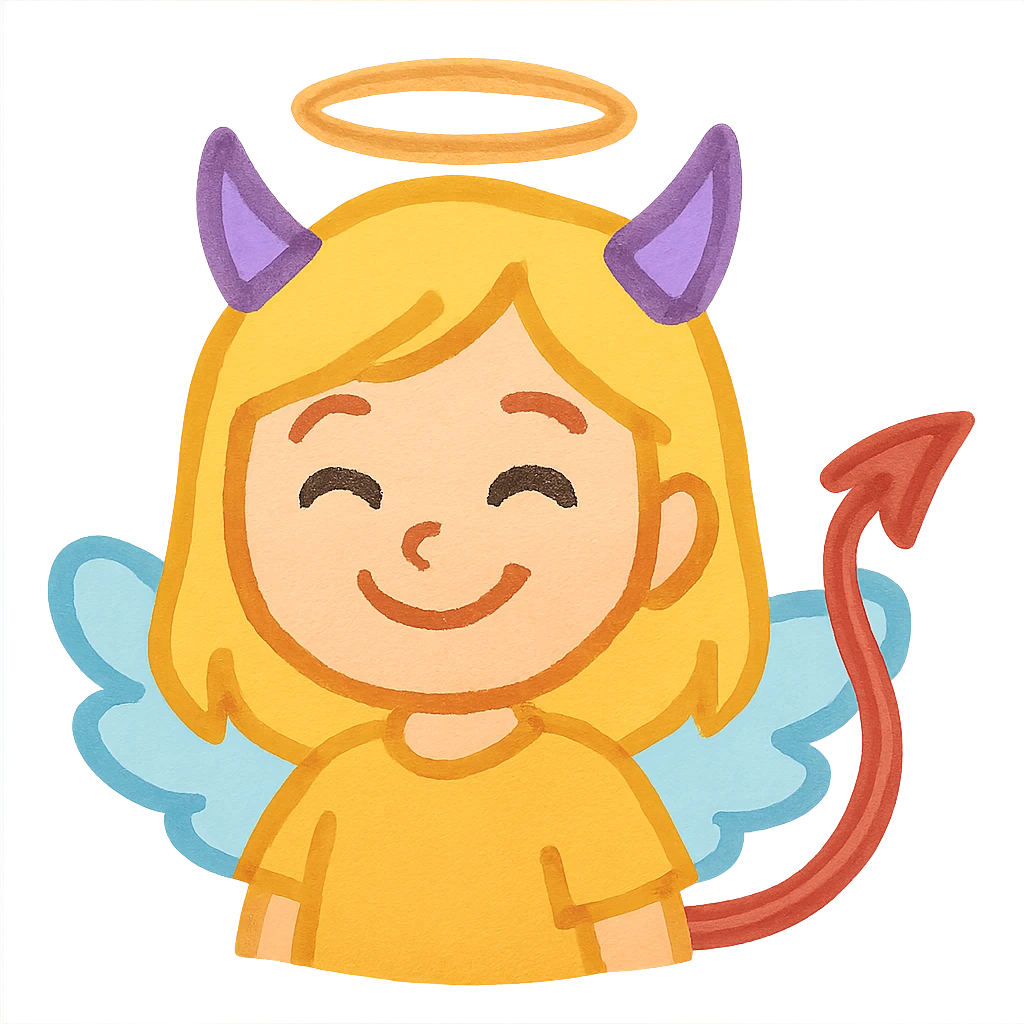 Blonde girl angel with devil horns and tail smiling emoji