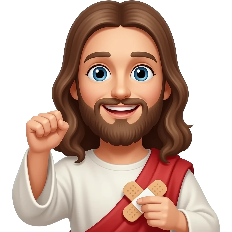Jesus holding a big bandaid with a smile on his face emoji
