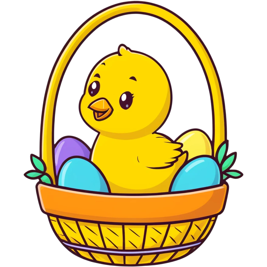 Yellow chick sitting in an Easter basket with colorful eggs emoji