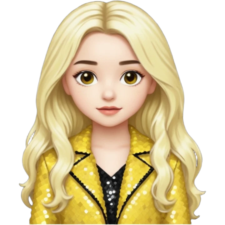Sabrina Carpenter with long platinum blonde hair, yellow sequin outfit emoji
