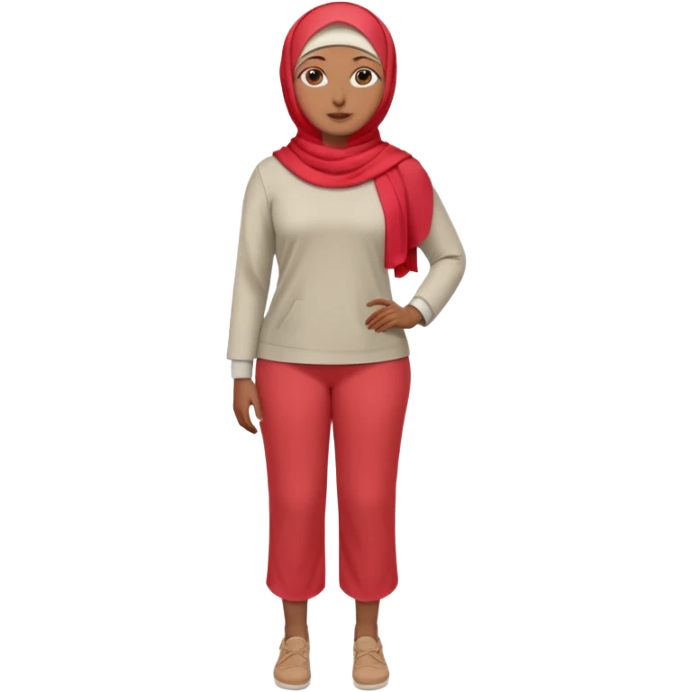 Heavy-set woman with medium-brown skin wearing a light red hijab, cream top, light red pants, tan shoes, and a visible gray below-knee prosthetic leg. Standing confidently with one hand on her hip emoji