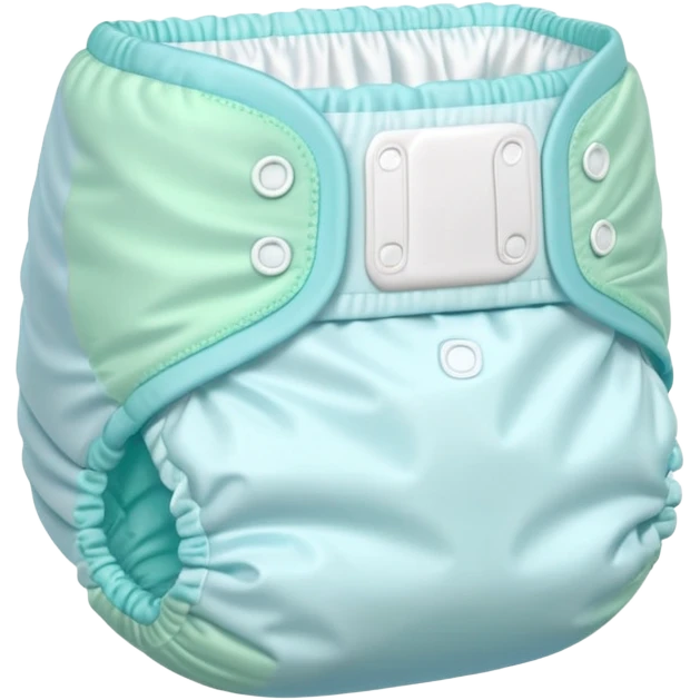 single disposable baby diaper, slightly curved and puffed, soft white material with light pastel blue or green edges, elastic leg bands, folded sides, no baby or extras, soft lighting, subtle shadows, emoji scale emoji