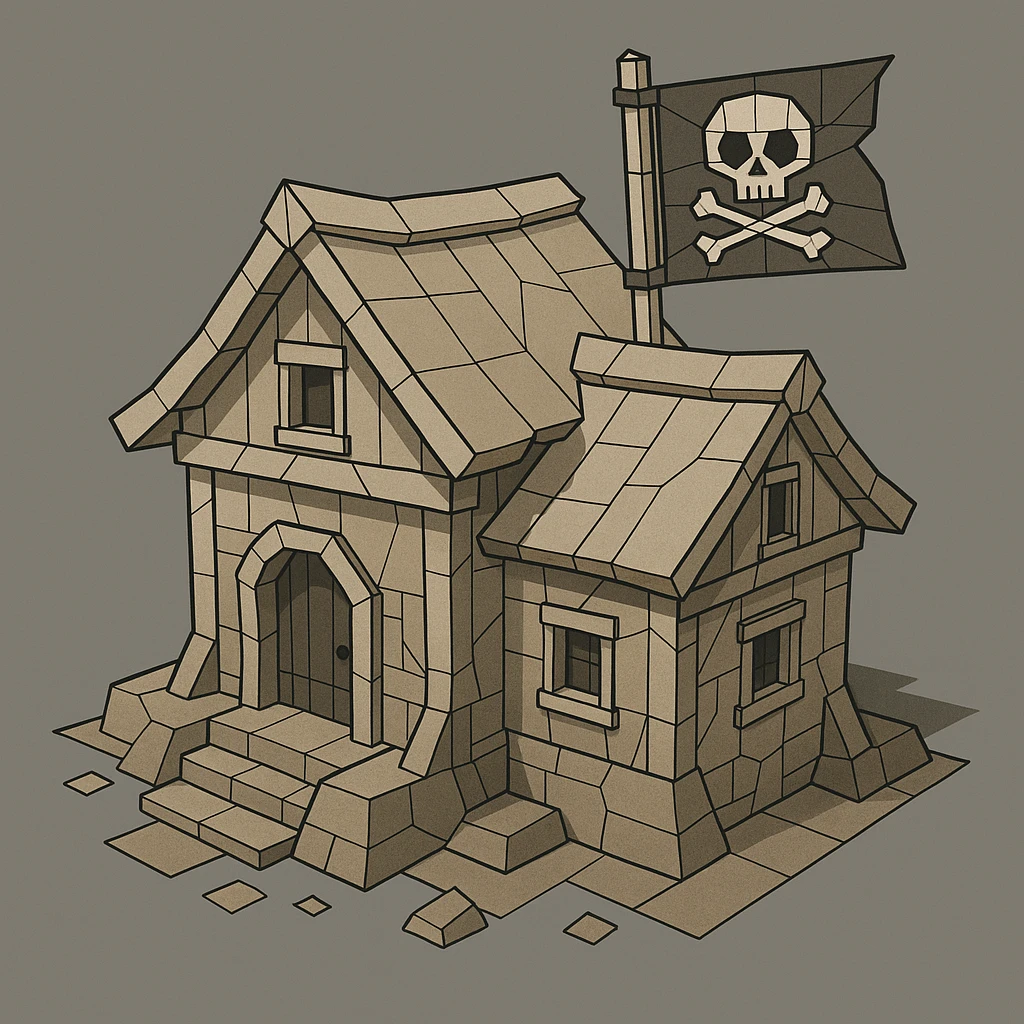 old pirate's house with skull flag emoji