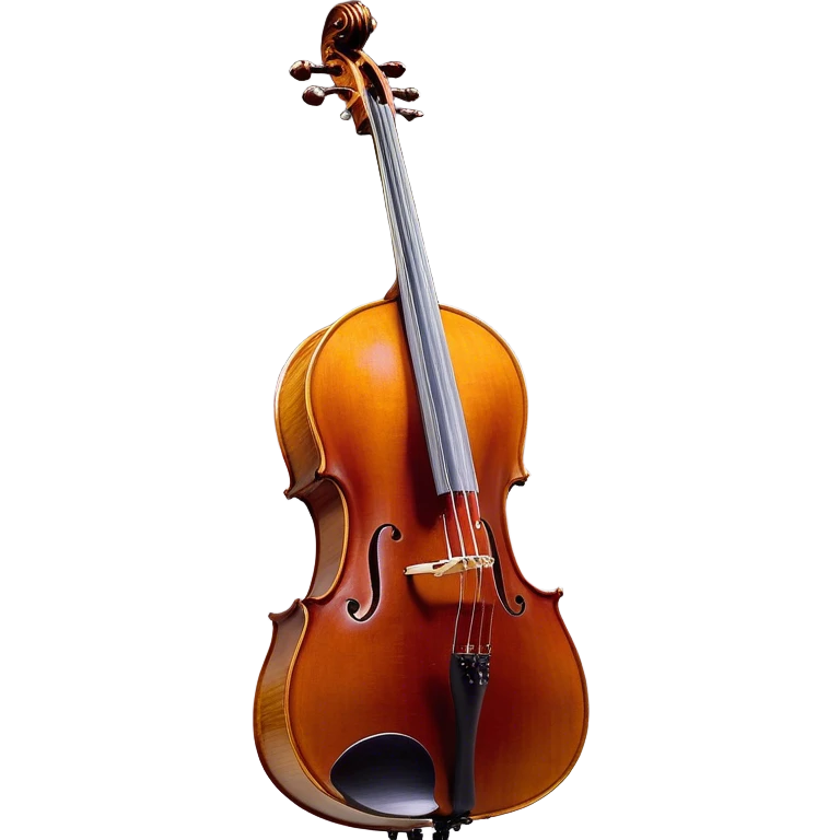 Create a refined and detailed emoji representing a Cremona 4/3F 4/4 cello with a bow. The design should feature the smooth, polished wooden body of the cello with a deep, rich tone color. The strings and tuning pegs should be visible, emphasizing the instrument's fine craftsmanship. Add a delicate bow placed gently across the strings, with intricate detailing on the hair and frog. Include subtle musical notes around the cello to evoke the graceful, classical sound. Use warm wood tones and accents like gold and silver for a professional, elegant look. The background should be transparent. emoji