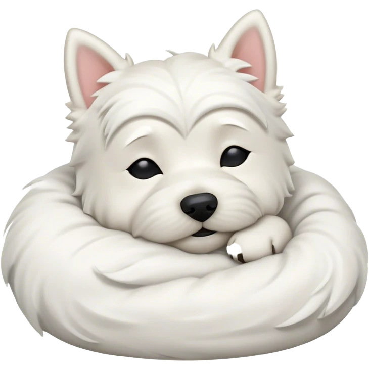 Meme-Worthy Cute Sleeping West Highland White Terrier Portrait Emoji, Head resting peacefully with a contented smile, showcasing a delightfully compact build and a luxuriously soft white coat, eyes shut in a serene nap, Simplified yet hilariously adorable features, highly detailed, glowing with a soft, drowsy light, high shine, relaxed and utterly lovable, stylized with an air of playful laziness, bright and heartwarming, soft glowing outline, capturing the essence of a comically sleepy companion, so meme-worthy it feels like it could instantly become the next viral sensation of adorable slumber! emoji