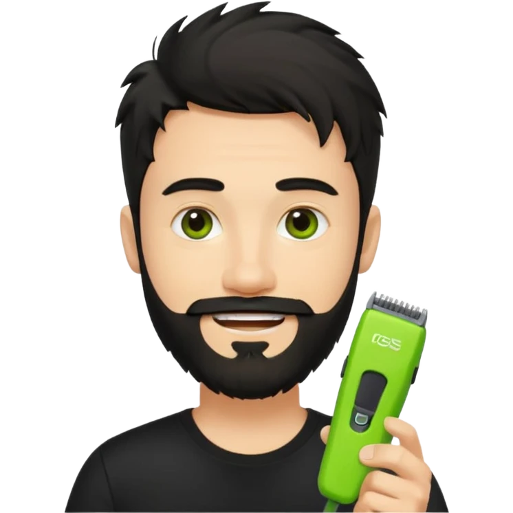 smiling young fair-skinned man with messy black hair and beard, wearing a black t-shirt, holding one small true-to-size bright lime green face beard trimmer, iOS emoji style emoji