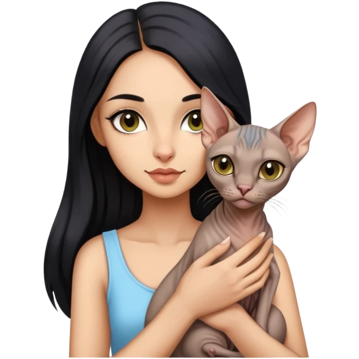 beautiful girl with long black hair holding a hairless sphinx cat emoji